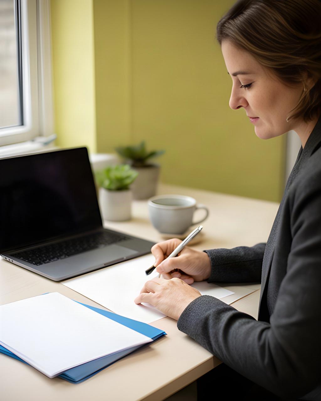 HR professional writing a privacy enquiry at a desk in a calm Dublin office