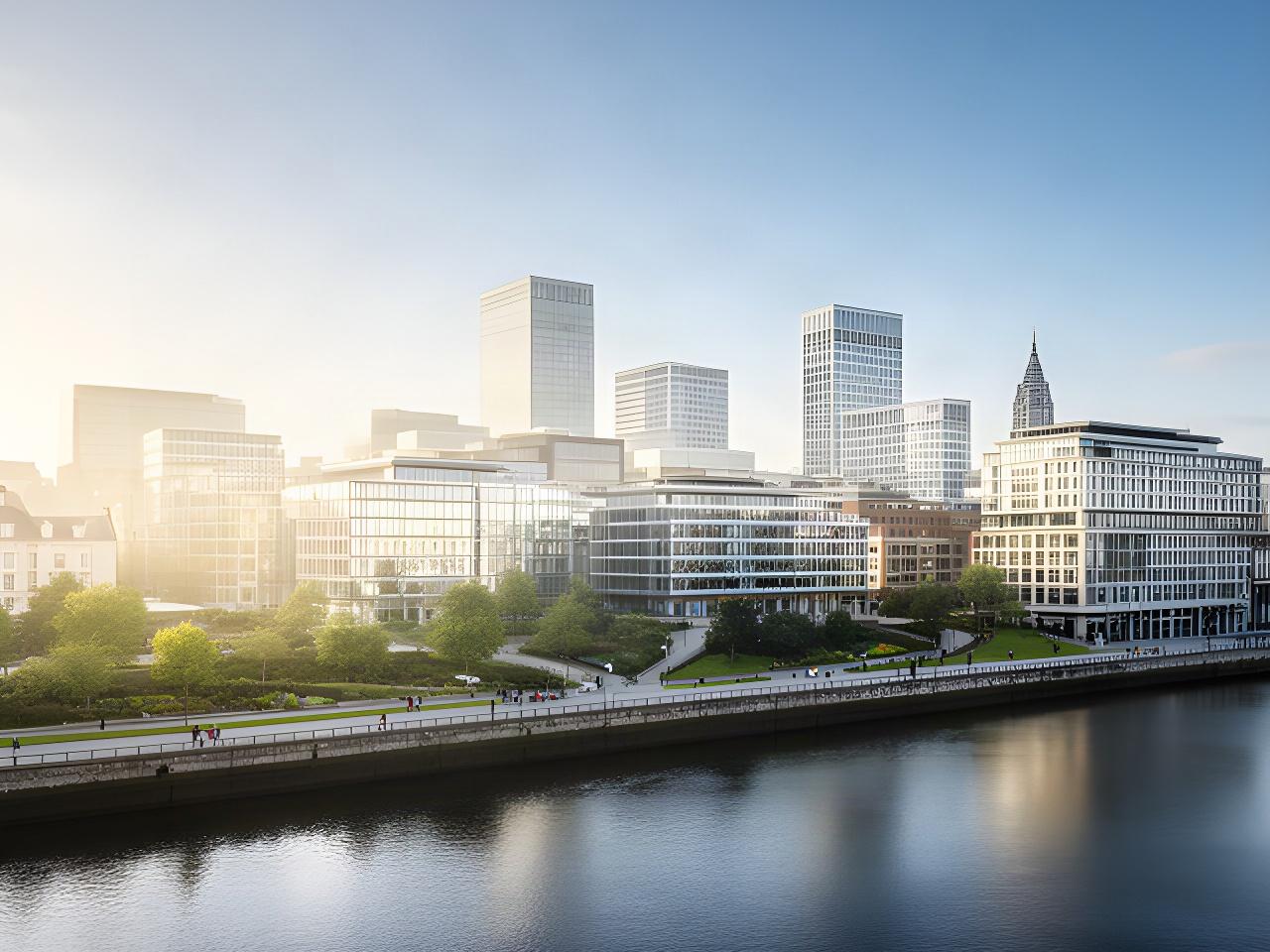 Modern Dublin skyline viewed from a riverside business district on a clear morning
