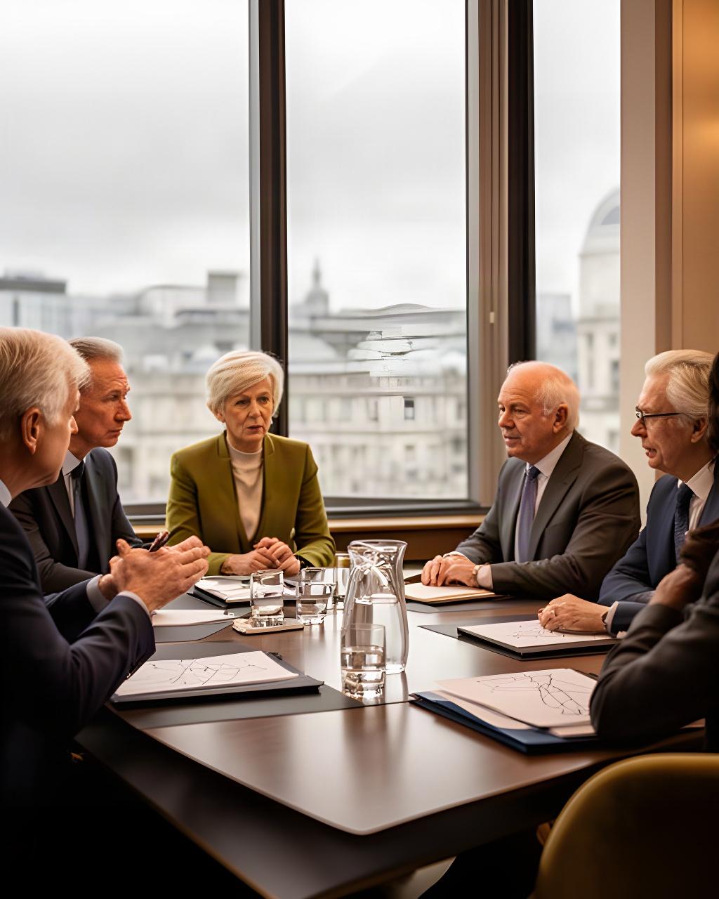 Senior executives reviewing a leadership brief around a boardroom table in Dublin
