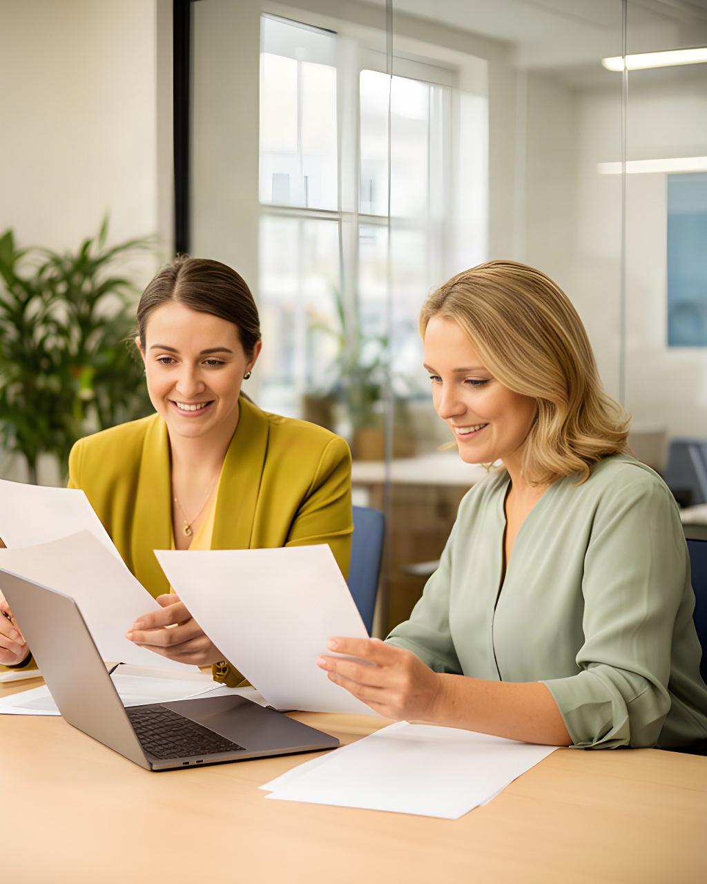 HR adviser reviewing candidate records with a client in a bright South Dublin office