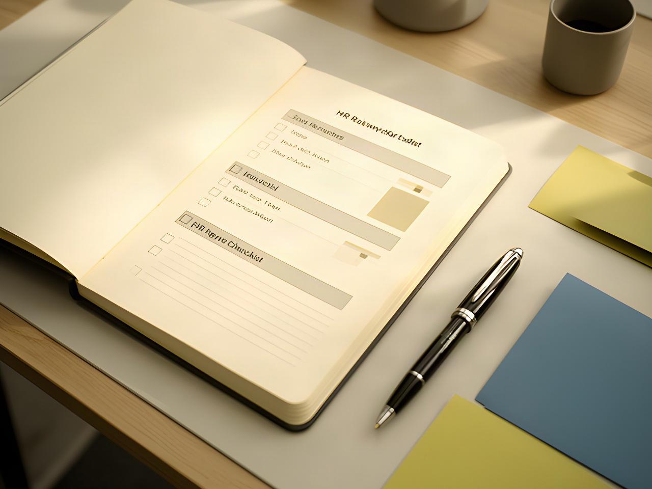 Open notebook beside a pen and an organised HR review checklist on a meeting table