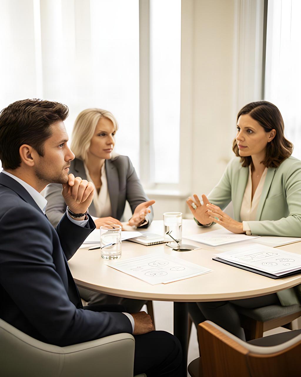 Leadership candidates and advisers discussing a structured assessment in a bright private meeting room