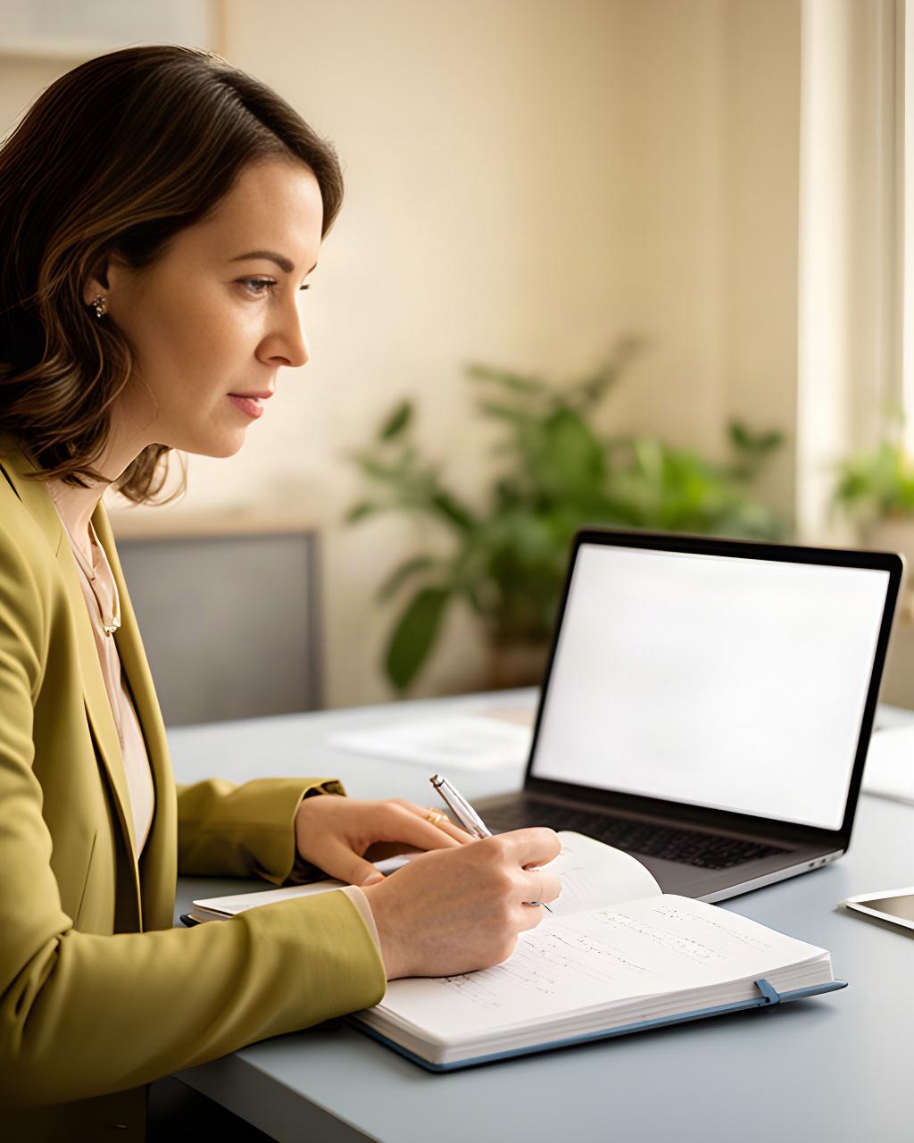 Professional HR adviser taking notes beside a laptop during a consultation in South Dublin