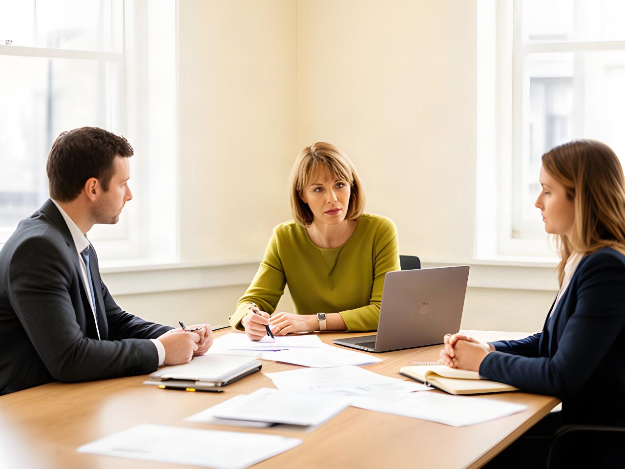 HR consultant reviewing a workplace policy with two clients in a bright Dublin meeting room