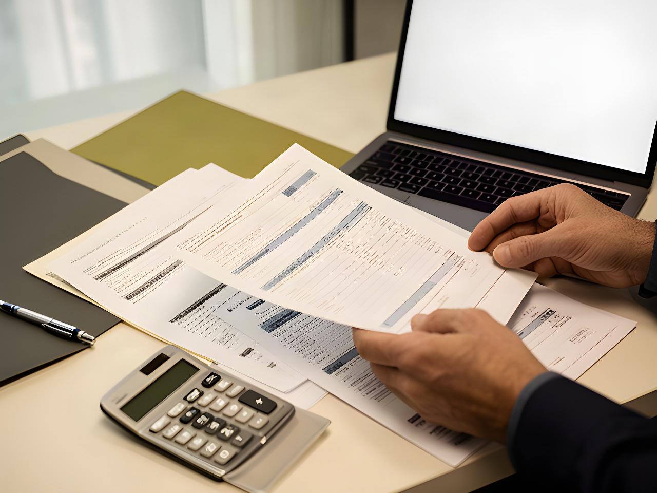 Hands reviewing employment contracts and payroll documents beside a laptop in an office