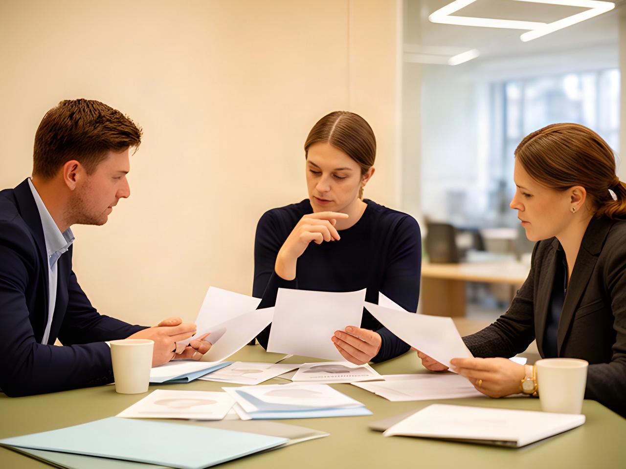 Three hiring colleagues reviewing printed candidate profiles around a meeting table in South Dublin