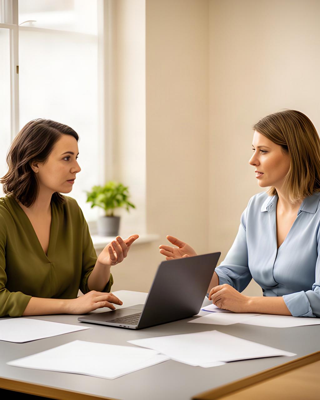 Candidate and HR consultant discussing consent and personal information beside a laptop