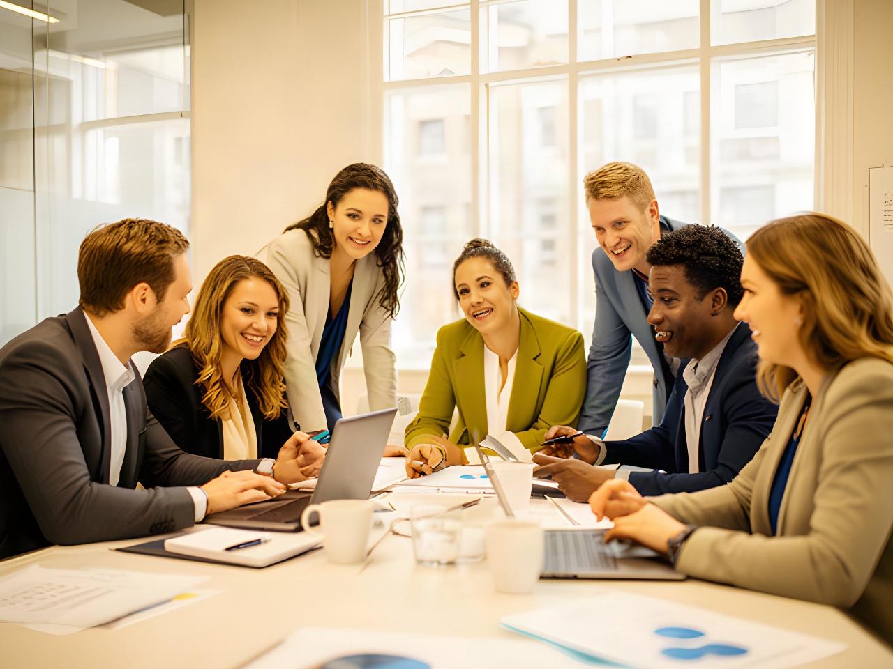 Colleagues collaborating around a desk in a bright Dublin office during a busy workday