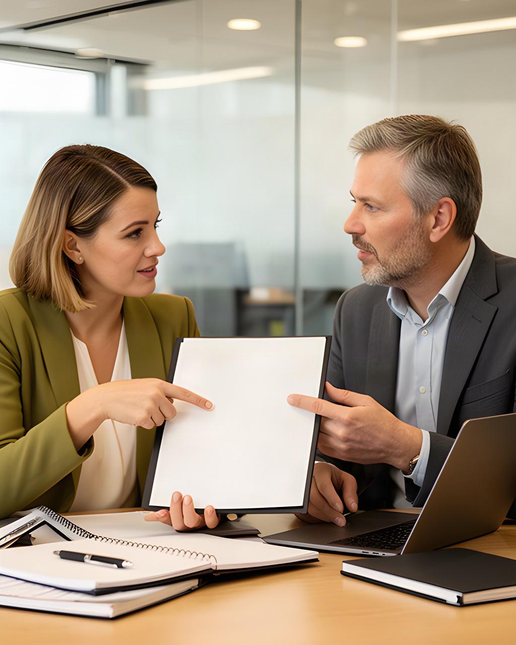 Recruitment consultant and business leader discussing a signed staffing brief at a Dublin office table