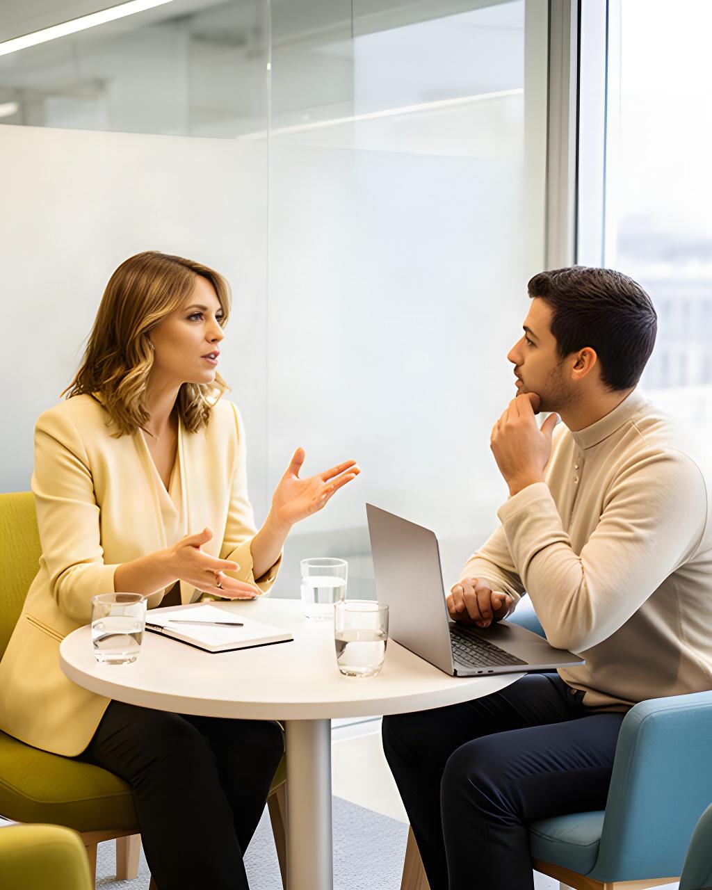 Career coach and professional candidate discussing goals across a small table in a bright meeting room